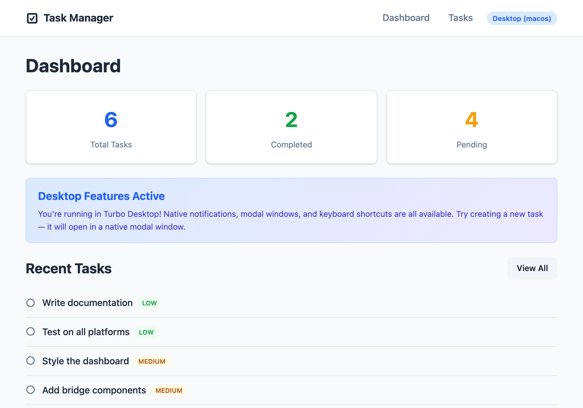 Dashboard — desktop features banner, stats, recent tasks